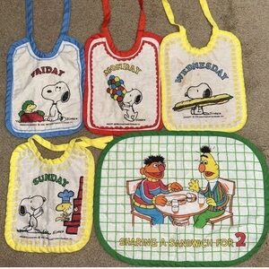 Vintage 60s Snoopy Days Of The Week Bibs & Sesame Street Place Mat